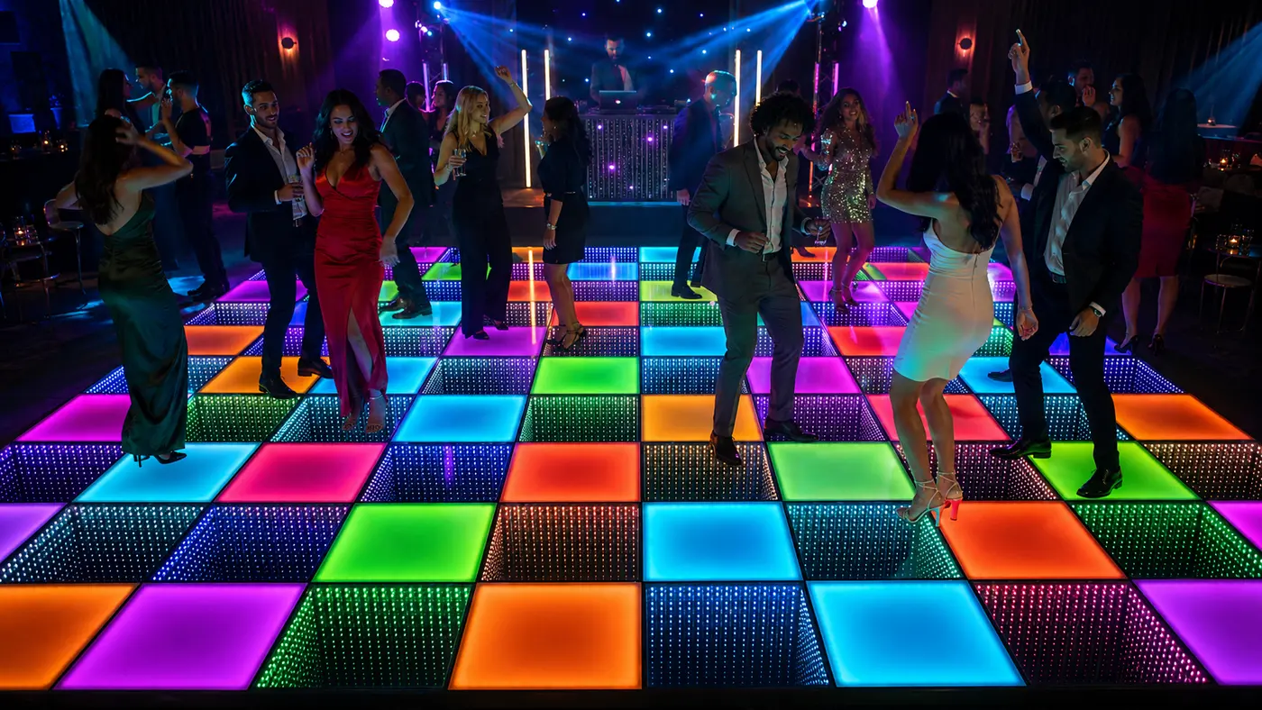 Guests dancing on a colorful 3D infinity LED floor