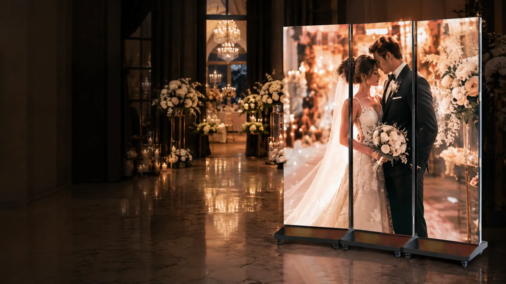 407MOTION LED Tri-Folder welcoming guests at an elegant event